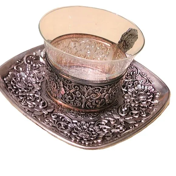 4 Vintage Pewter Saucer Tea Coffee Cups Floral Flower Glass Mug Dining Dinner - Picture 7 of 13